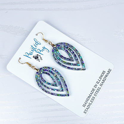 Mardi Gras Glitter Earrings - Purple Green Teardrop Dangle