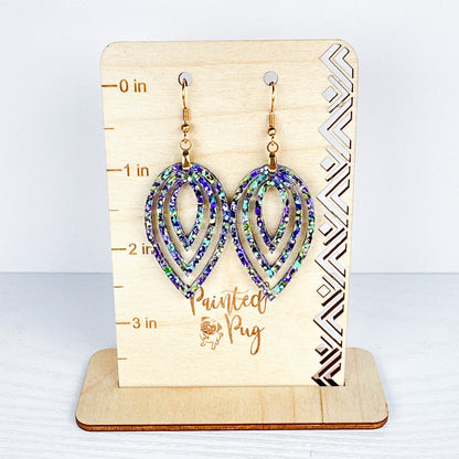 Mardi Gras Glitter Earrings - Purple Green Teardrop Dangle