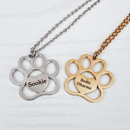 Personalized Engraved Paw Print Necklace – Custom Pet Name Jewelry in Gold or Silver Stainless Steel
