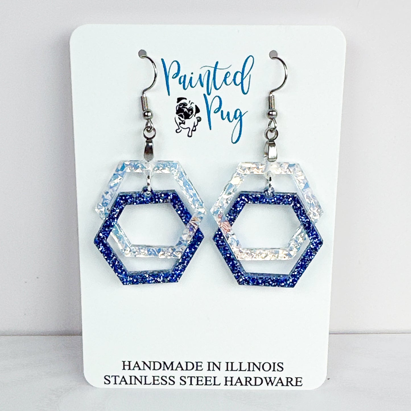 Blue Glitter Hexagon Earrings – Layered Acrylic Geometric Dangle Earrings