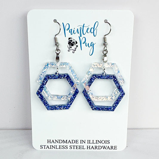 Blue Glitter Hexagon Earrings – Layered Acrylic Geometric Dangle Earrings