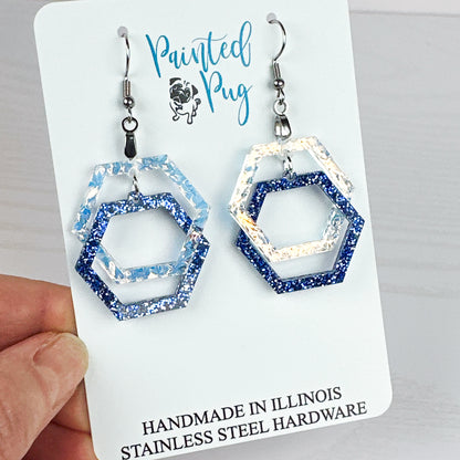 Blue Glitter Hexagon Earrings – Layered Acrylic Geometric Dangle Earrings