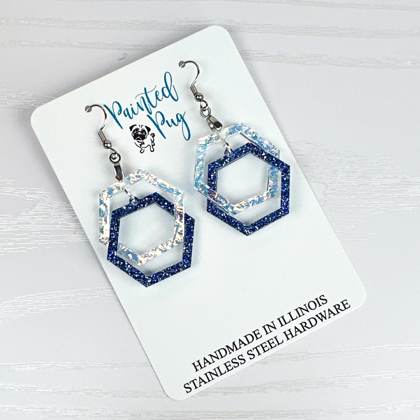 Blue Glitter Hexagon Earrings – Layered Acrylic Geometric Dangle Earrings