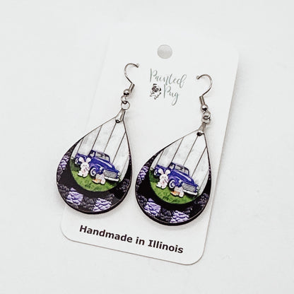 Purple Easter Bunny Pickup Truck Teardrop Earrings
