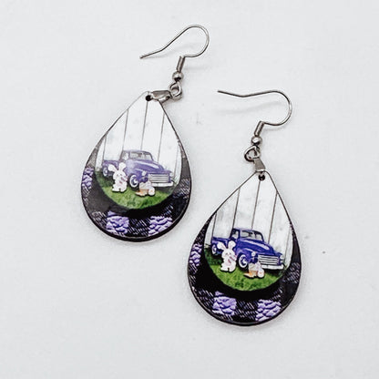 Purple Easter Bunny Pickup Truck Teardrop Earrings