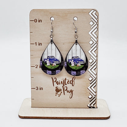 Purple Easter Bunny Pickup Truck Teardrop Earrings