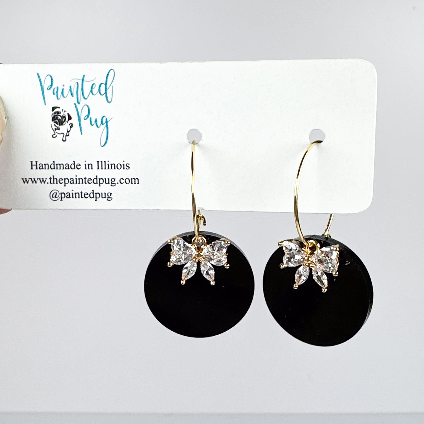 Black Bow Earrings – Gold Hoop Rhinestone Bow Dangle Earrings