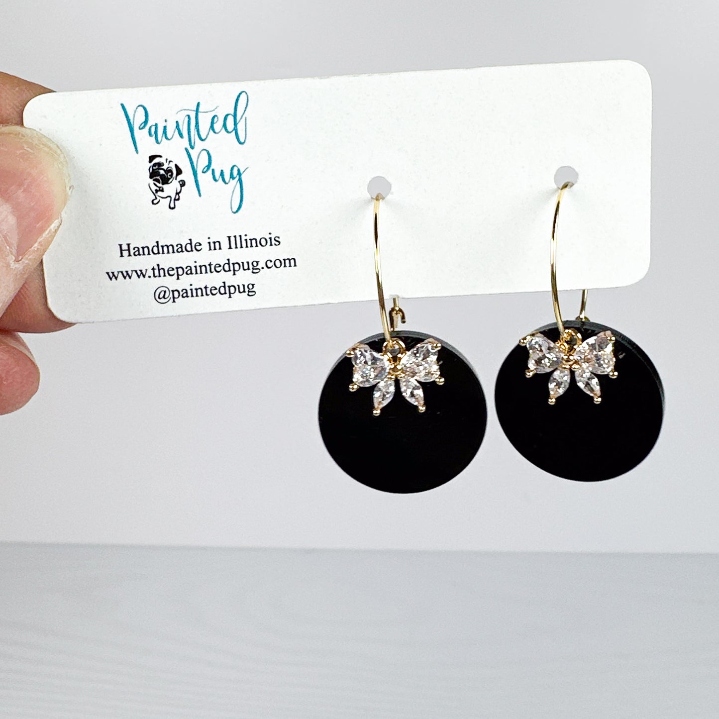 Black Bow Earrings – Gold Hoop Rhinestone Bow Dangle Earrings