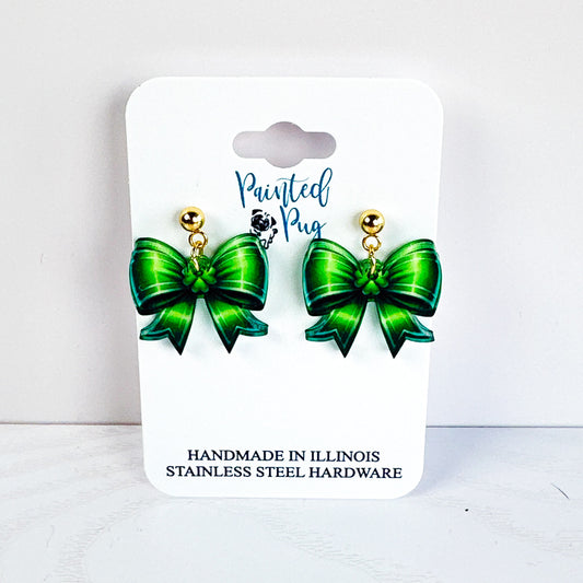 Green Bow St. Patrick’s Day Earrings – Acrylic Dangle Jewelry