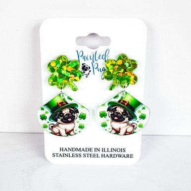 Leprechaun Pug St. Patrick’s Day Earrings – Shamrock Dangles