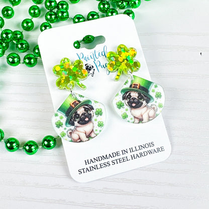 Leprechaun Pug St. Patrick’s Day Earrings – Shamrock Dangles