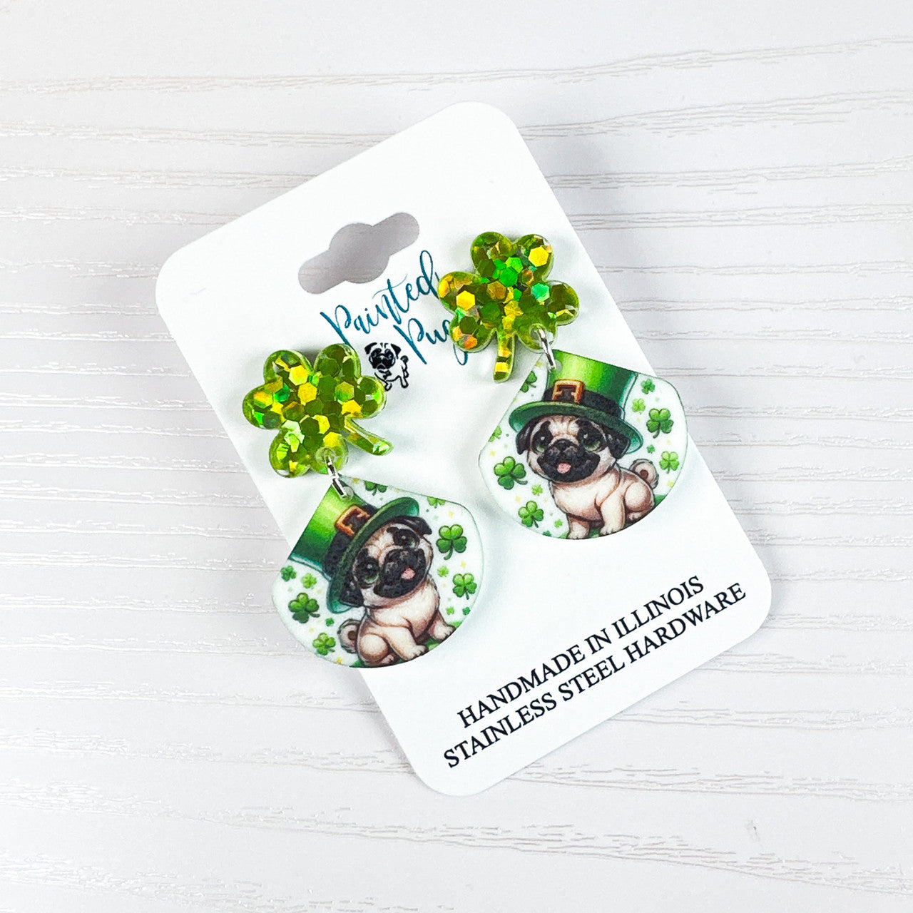 Leprechaun Pug St. Patrick’s Day Earrings – Shamrock Dangles