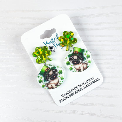 Leprechaun Pug St. Patrick’s Day Earrings – Shamrock Dangles
