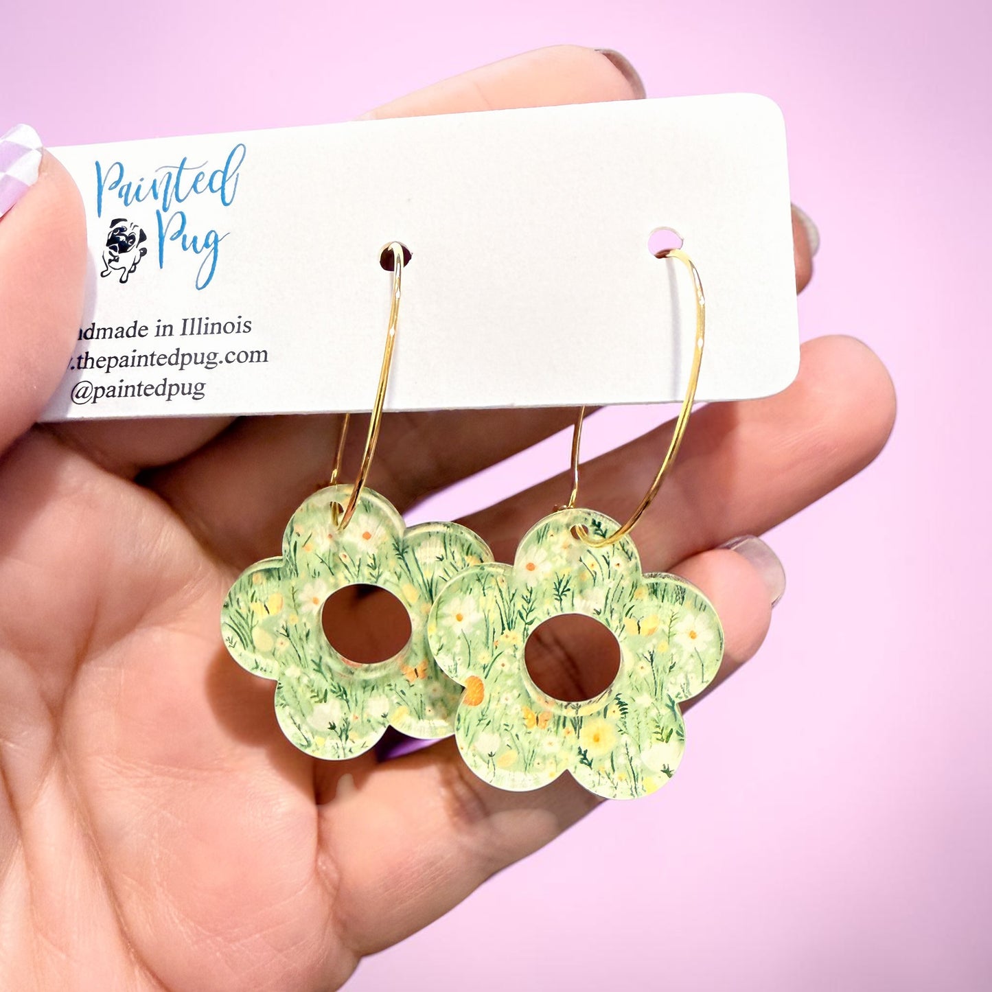 Spring Meadow Flower Hoop Earrings – Green Floral Acrylic Hoops