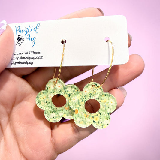 Spring Meadow Flower Hoop Earrings – Green Floral Acrylic Hoops
