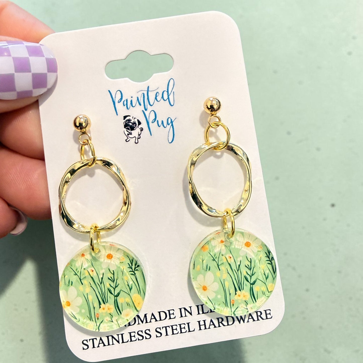 Spring Meadow Circle Drop Earrings – Green Floral Acrylic Dangle Earrings