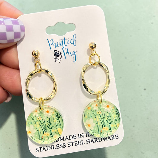 Spring Meadow Circle Drop Earrings – Green Floral Acrylic Dangle Earrings
