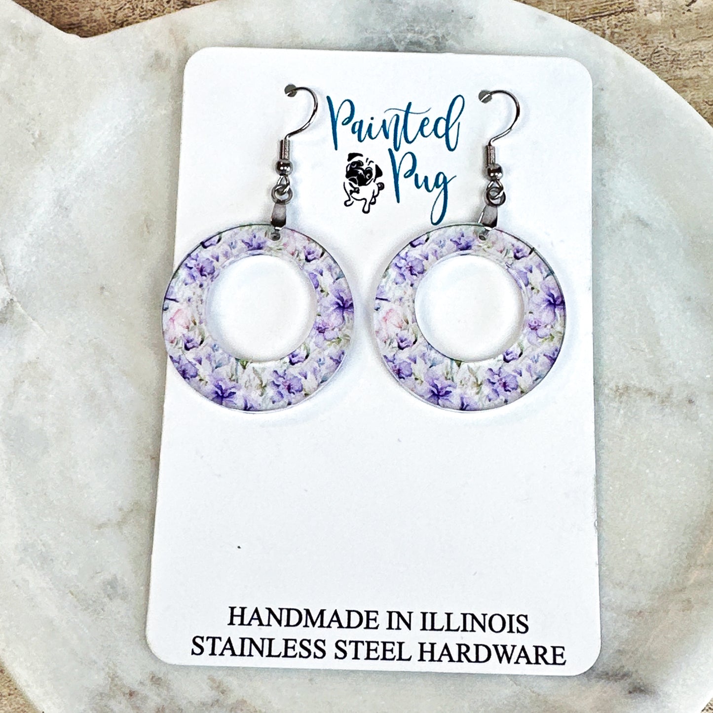 Purple Floral Hoop Dangle Earrings – Lightweight Acrylic Circle Earrings