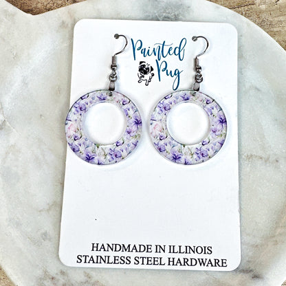 Purple Floral Hoop Dangle Earrings – Lightweight Acrylic Circle Earrings