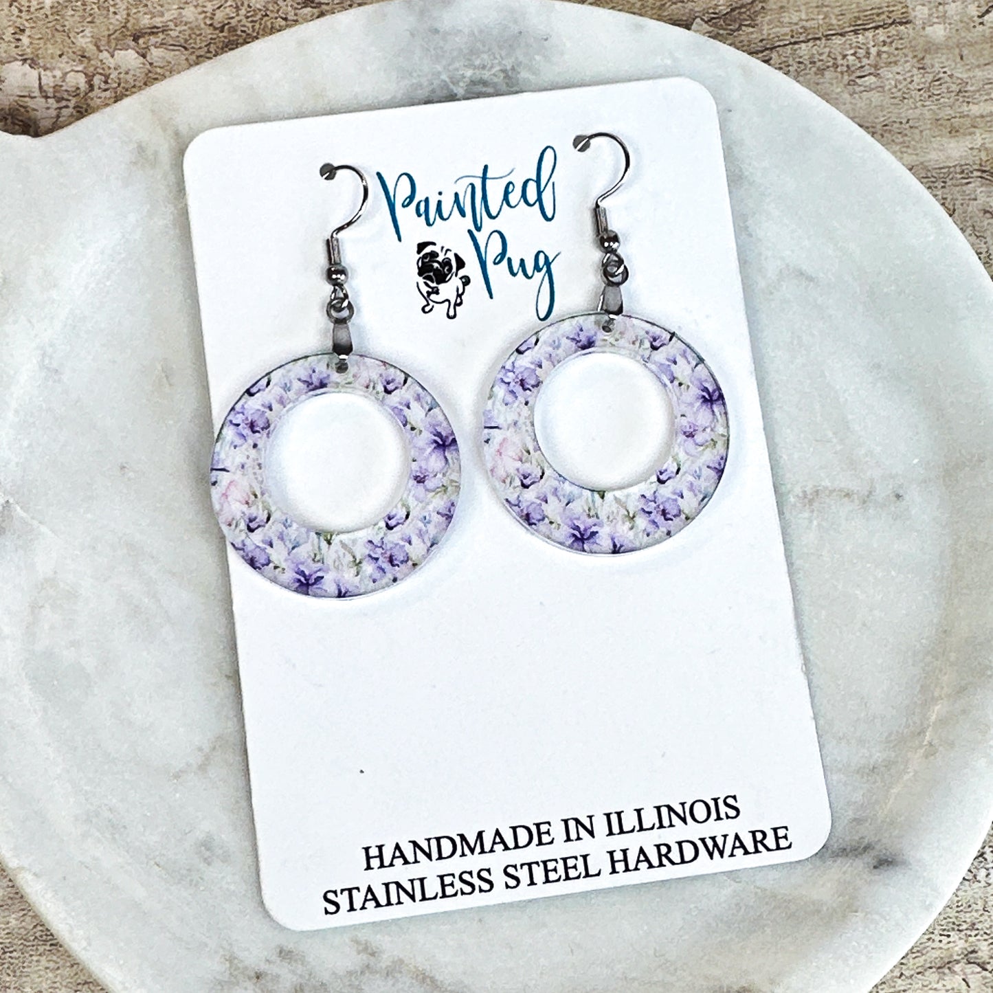 Purple Floral Hoop Dangle Earrings – Lightweight Acrylic Circle Earrings
