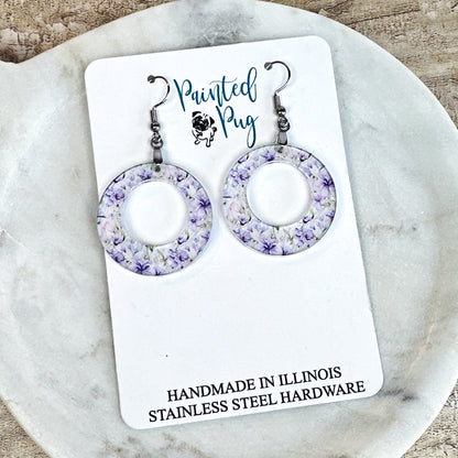 Purple Floral Hoop Dangle Earrings – Lightweight Acrylic Circle Earrings