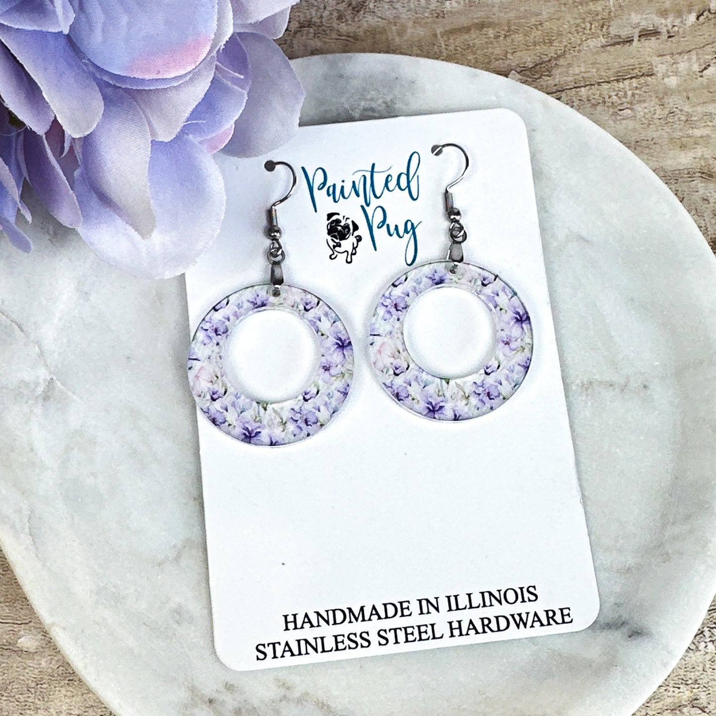 Purple Floral Hoop Dangle Earrings – Lightweight Acrylic Circle Earrings