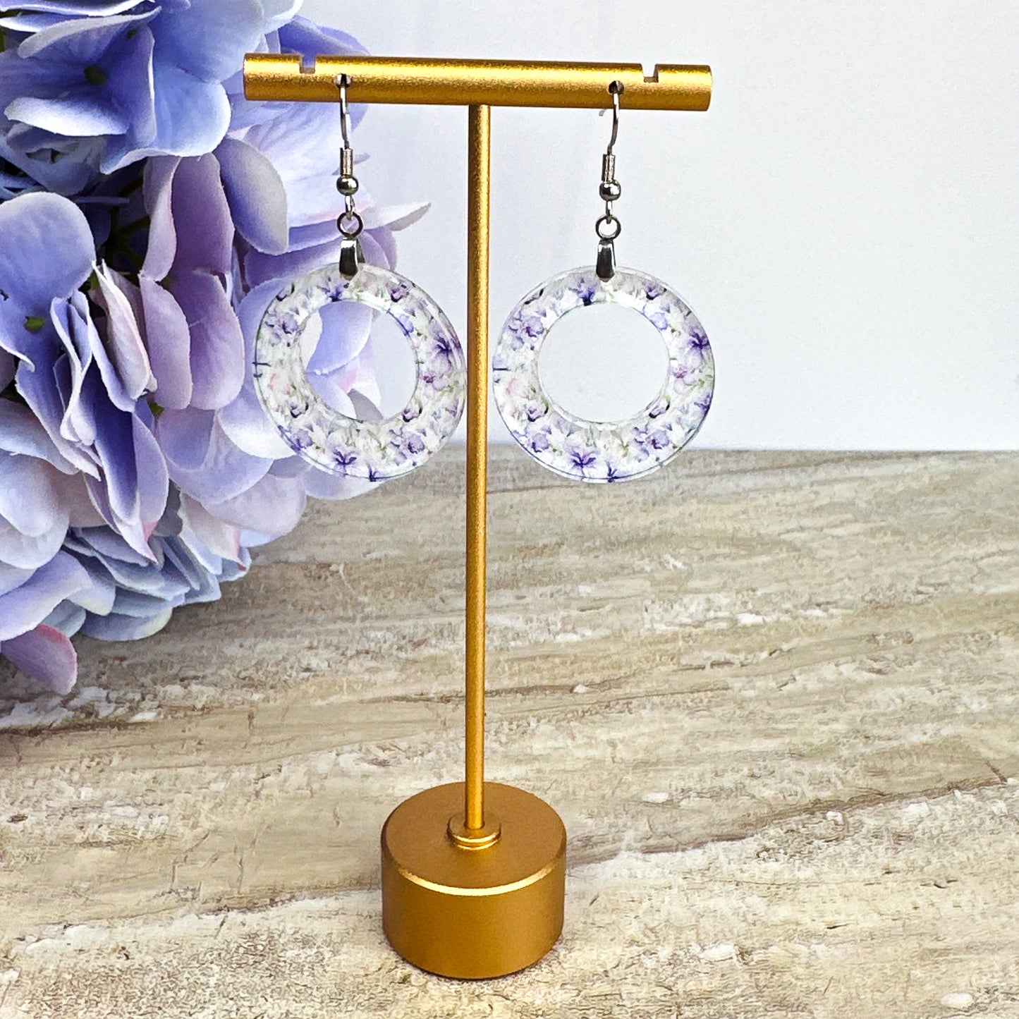 Purple Floral Hoop Dangle Earrings – Lightweight Acrylic Circle Earrings