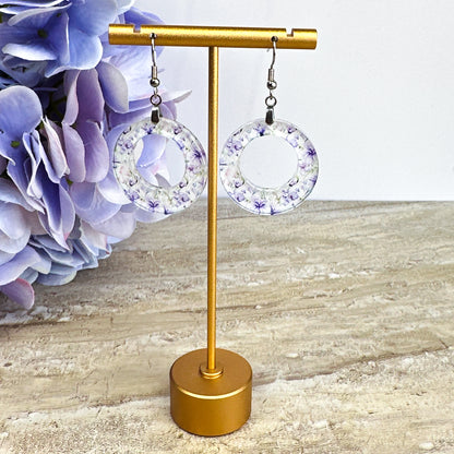 Purple Floral Hoop Dangle Earrings – Lightweight Acrylic Circle Earrings