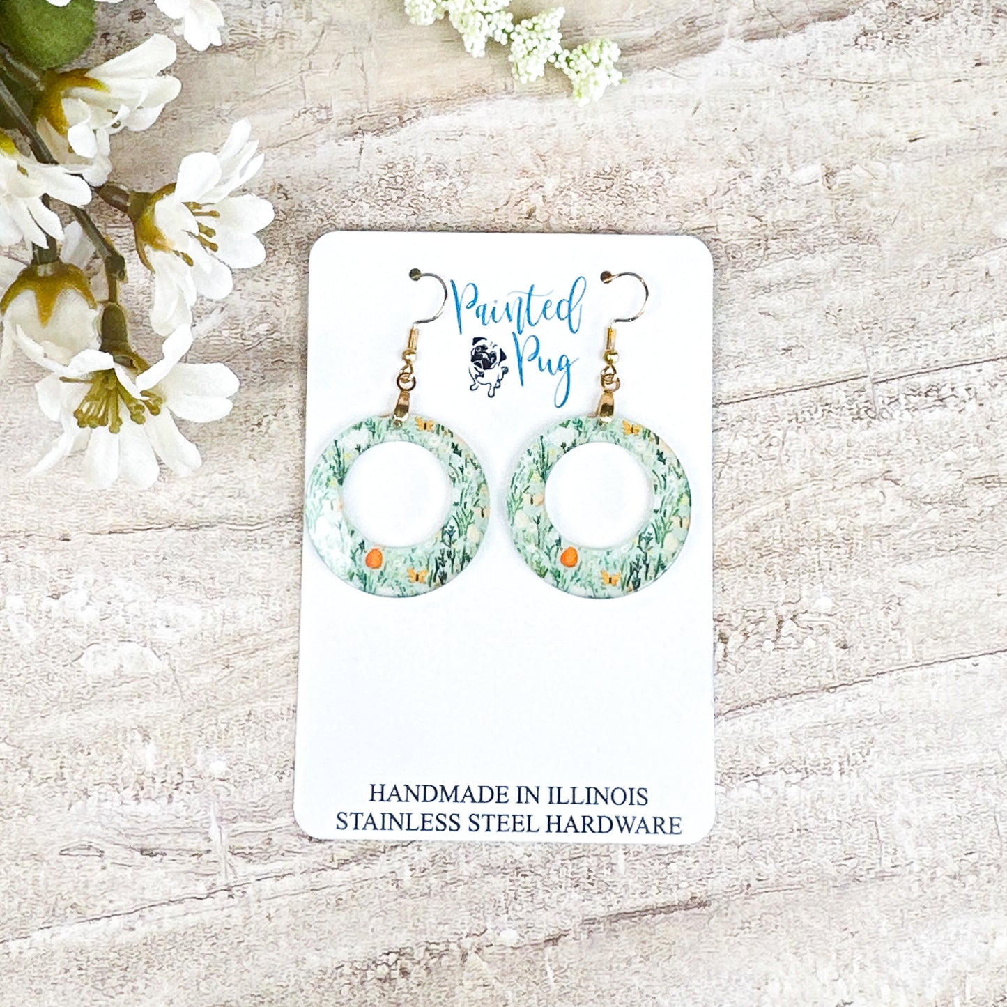 Spring Meadow Hoop Dangle Earrings – Green Floral Acrylic Circle Earrings