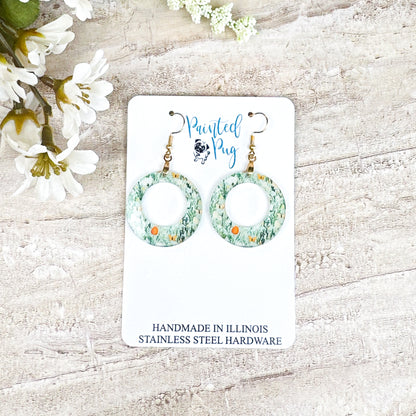Spring Meadow Hoop Dangle Earrings – Green Floral Acrylic Circle Earrings