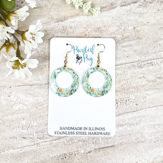 Spring Meadow Hoop Dangle Earrings – Green Floral Acrylic Circle Earrings