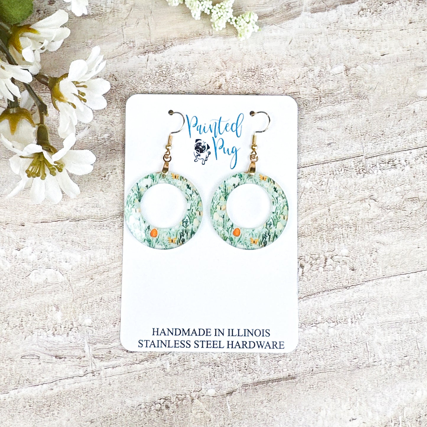 Spring Meadow Hoop Dangle Earrings – Green Floral Acrylic Circle Earrings