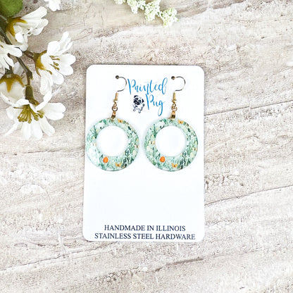 Spring Meadow Hoop Dangle Earrings – Green Floral Acrylic Circle Earrings