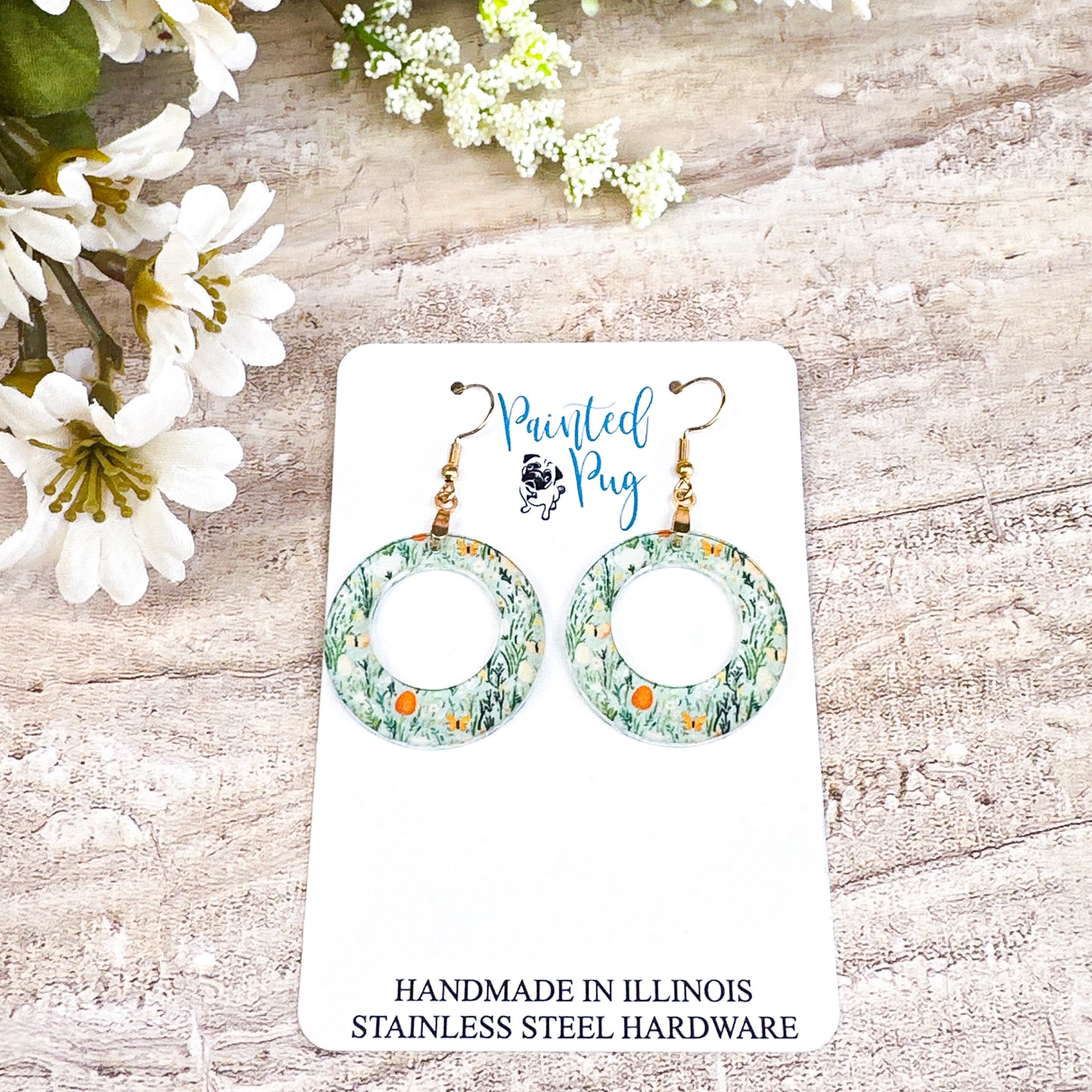 Spring Meadow Hoop Dangle Earrings – Green Floral Acrylic Circle Earrings
