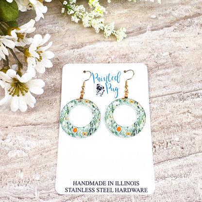Spring Meadow Hoop Dangle Earrings – Green Floral Acrylic Circle Earrings