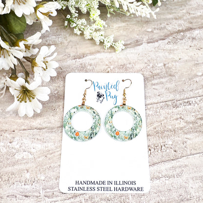 Spring Meadow Hoop Dangle Earrings – Green Floral Acrylic Circle Earrings