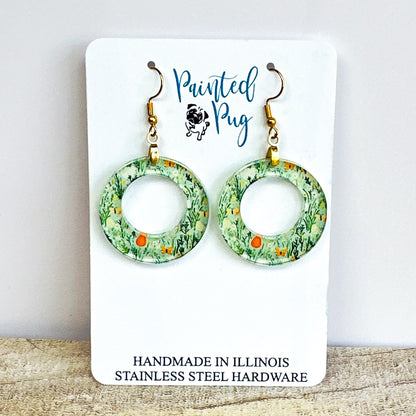 Spring Meadow Hoop Dangle Earrings – Green Floral Acrylic Circle Earrings