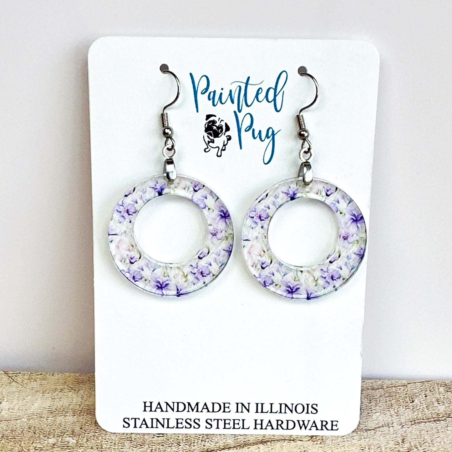 Purple Floral Hoop Dangle Earrings – Lightweight Acrylic Circle Earrings