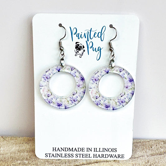 Purple Floral Hoop Dangle Earrings – Lightweight Acrylic Circle Earrings