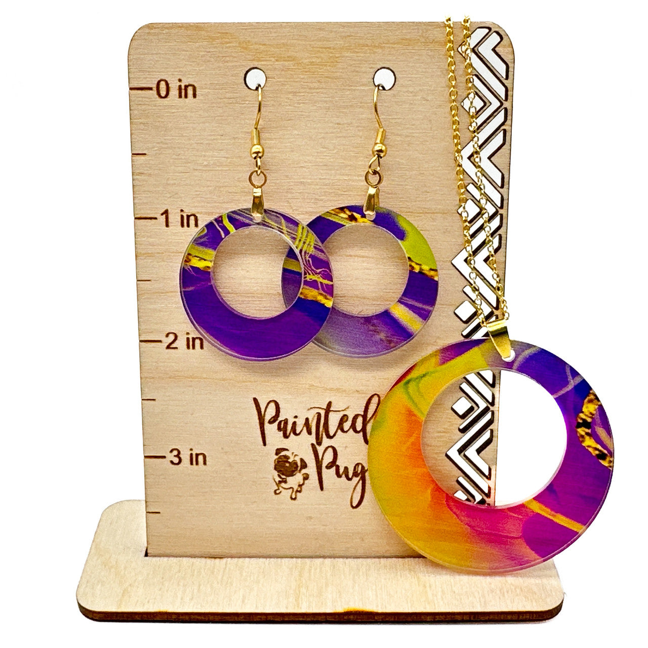 Purple Green Dangle Acrylic Earrings with Necklace