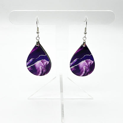 Purple & Silver Teardrop Earrings – Handmade Marbled Statement Earrings