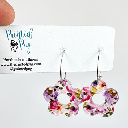 Pink Floral Flower Hoop Earrings – Acrylic Spring Flower Dangle Earrings