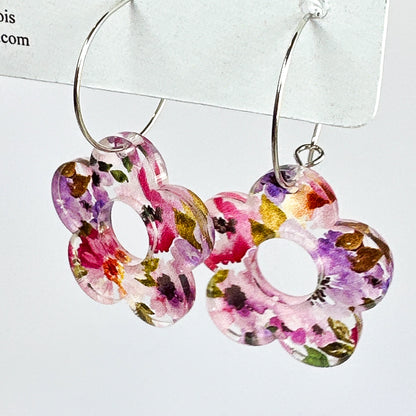 Pink Floral Flower Hoop Earrings – Acrylic Spring Flower Dangle Earrings