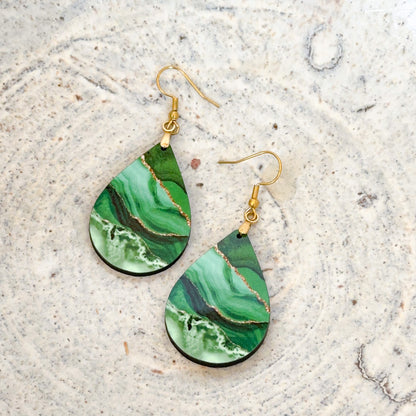Green & Gold Teardrop Earrings – Handmade Agate-Style Jewelry in Two Sizes