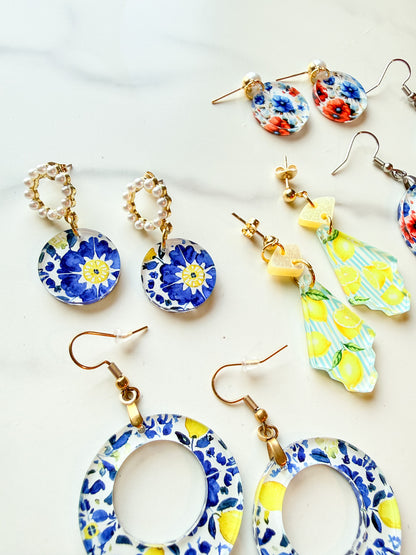 Blue Floral Tile Pearl Hoop Dangle Earrings