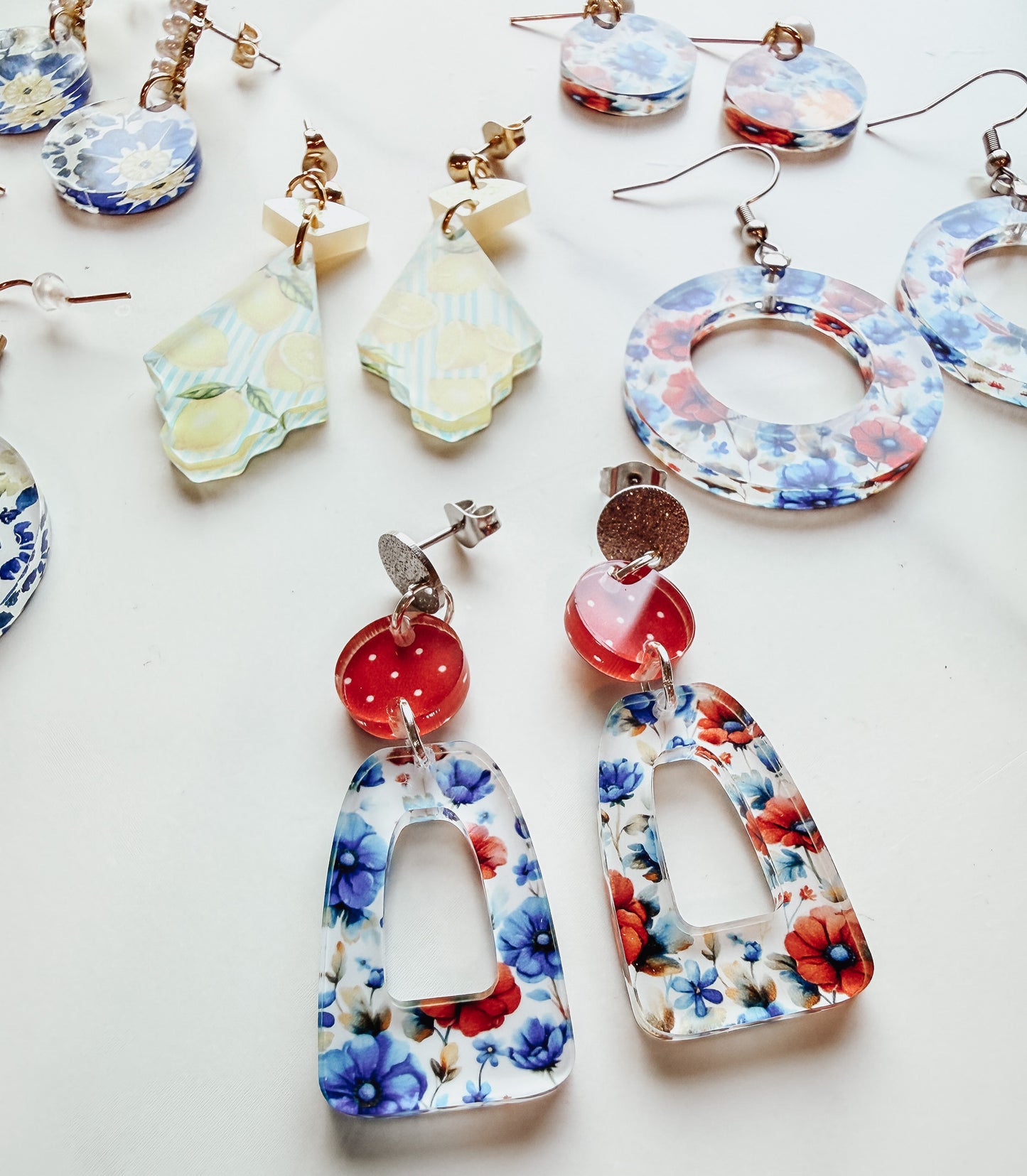 Red Blue Floral Dangle Earrings | 4th of July Acrylic