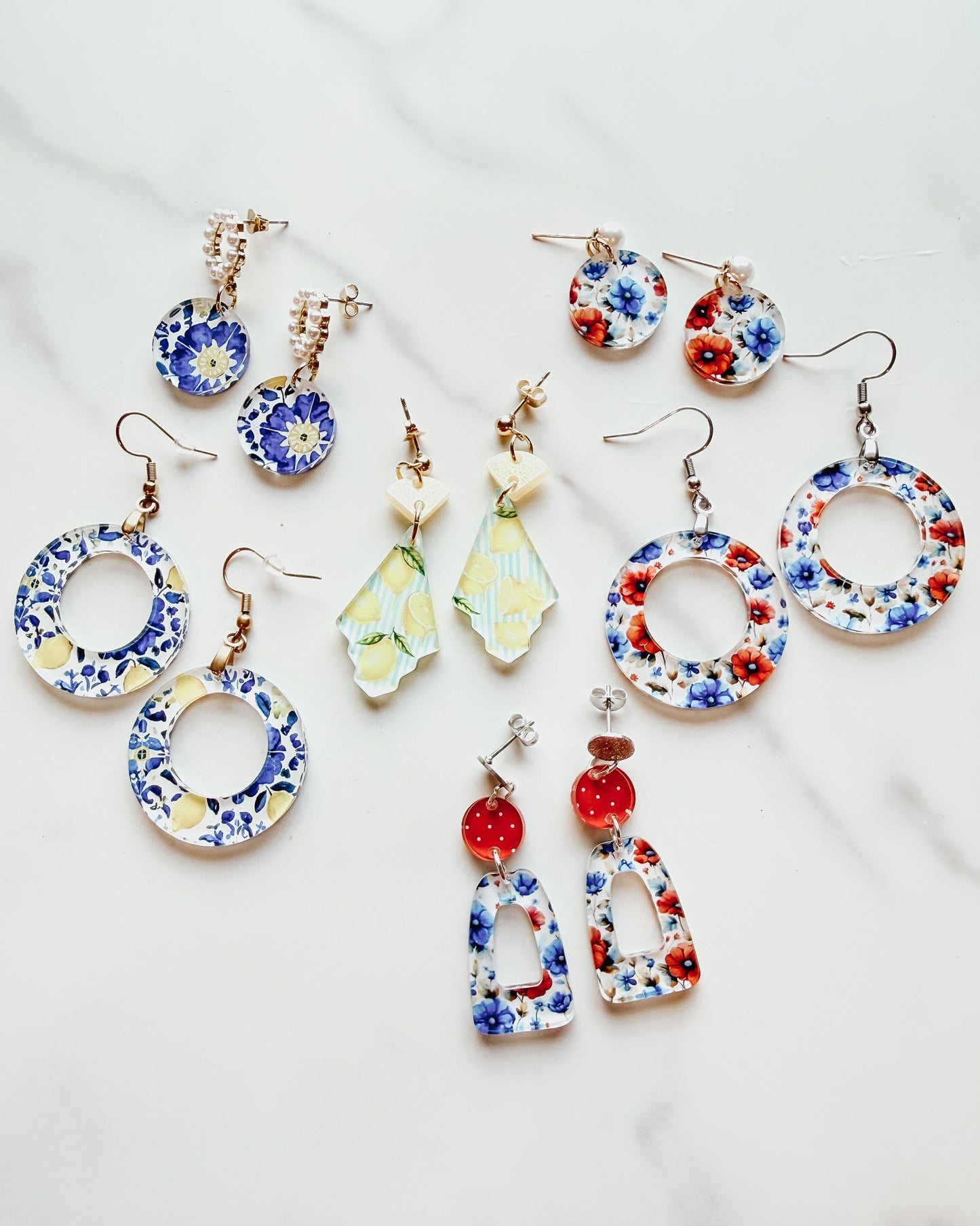 Red Blue Floral Dangle Earrings | 4th of July Acrylic