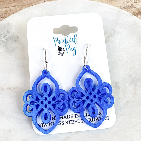 Blue Filigree Statement Earrings – Ornate Acrylic Dangle Earrings