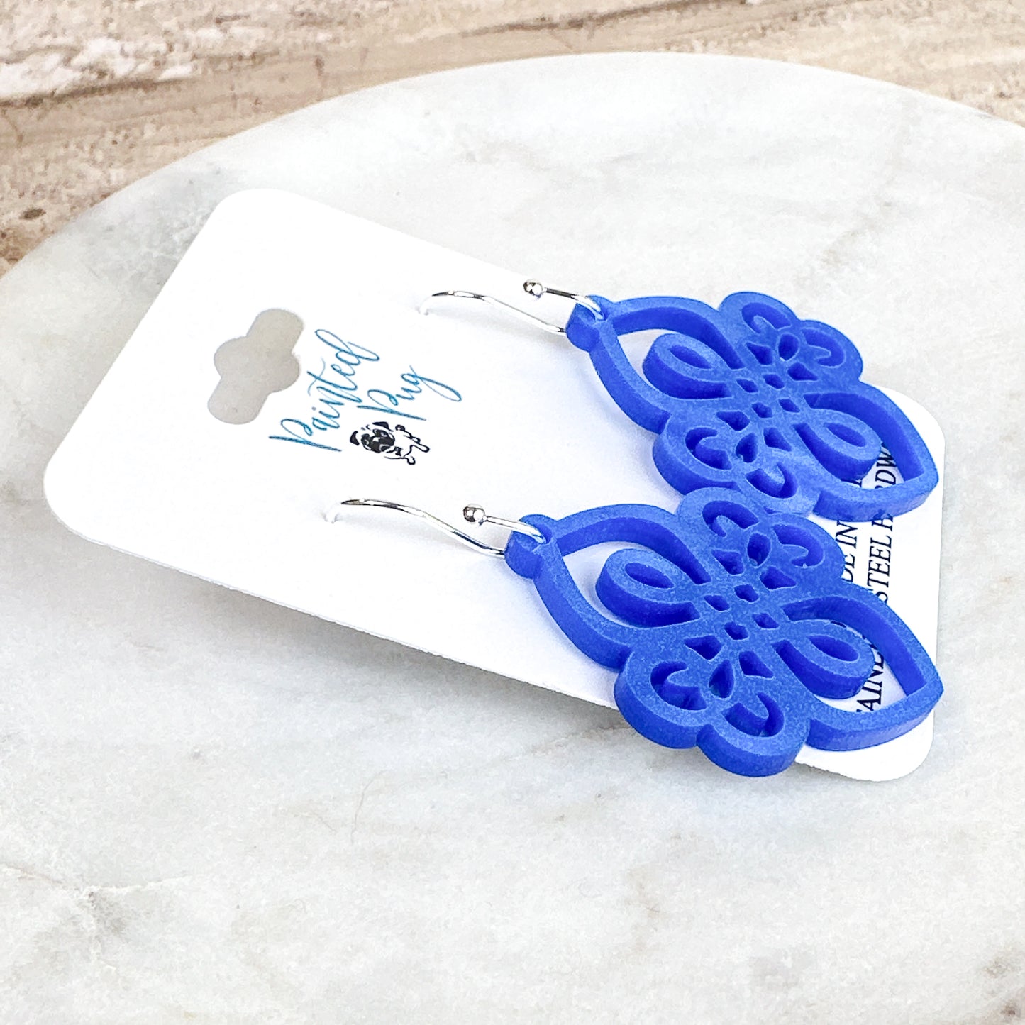 Blue Filigree Statement Earrings – Ornate Acrylic Dangle Earrings