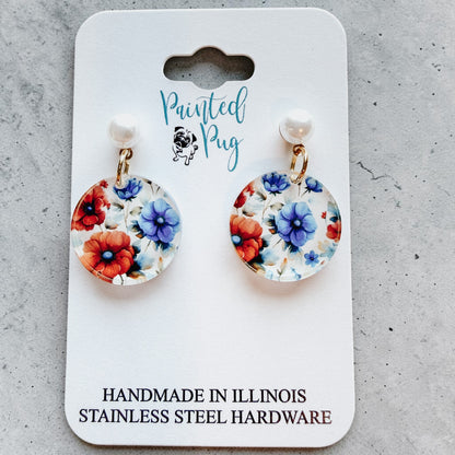 Red & Blue Wildflower Faux Pearl Stud Dangle Earrings